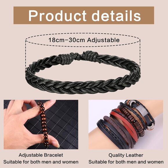 Versatile 30PCS Woven Leather & Wood Bead Bracelets Set - Adjustable Styles - Picture 5 of 5